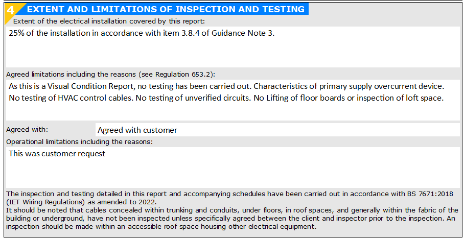 Examples of agreed operational limitations on an EICR report.