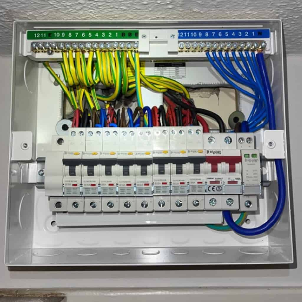 Two circuits not labelled on this consumer unit causes an FI code in the EICR.